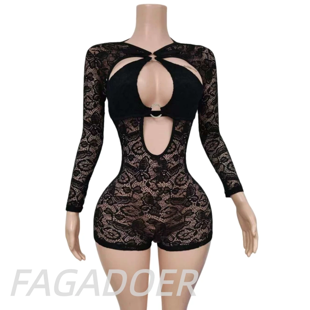 Fagadoer sexy renda oco-para fora retalhos bodycon macacão feminino ver através de mangas compridas macacão feminino streetwear novo
