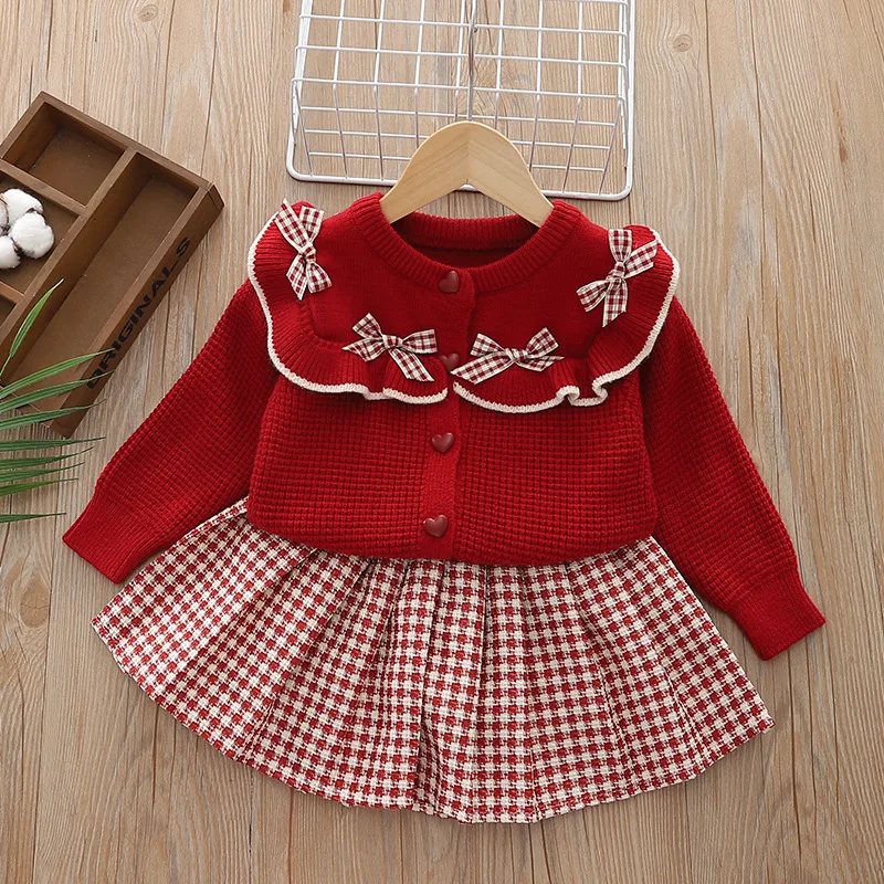 2 pçs conjunto de roupas outono inverno infantil menina amor botão arco malha cardigan completo um ano bebê menina xadrez saias plissadas outfits