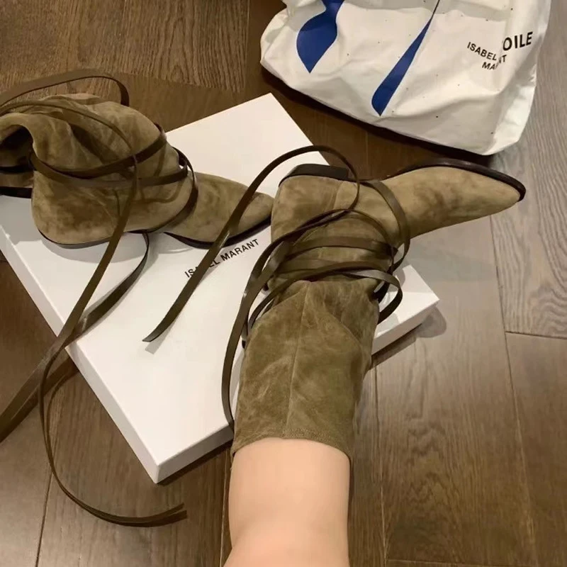 Women Suede Daily Botas Green Cross-Tied Spring Autumn Woman BootsMed-Calf Large Girth Boots Woman Slip On Simple Pleated Shoes