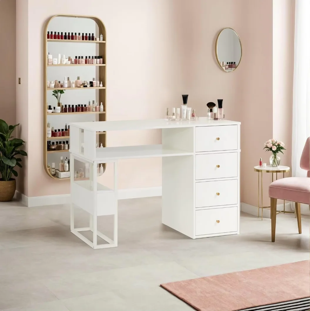 Modern Manicure Table, Wooden Top, LED Light, 4 Drawers, High-End Beauty Nail Salon Furniture