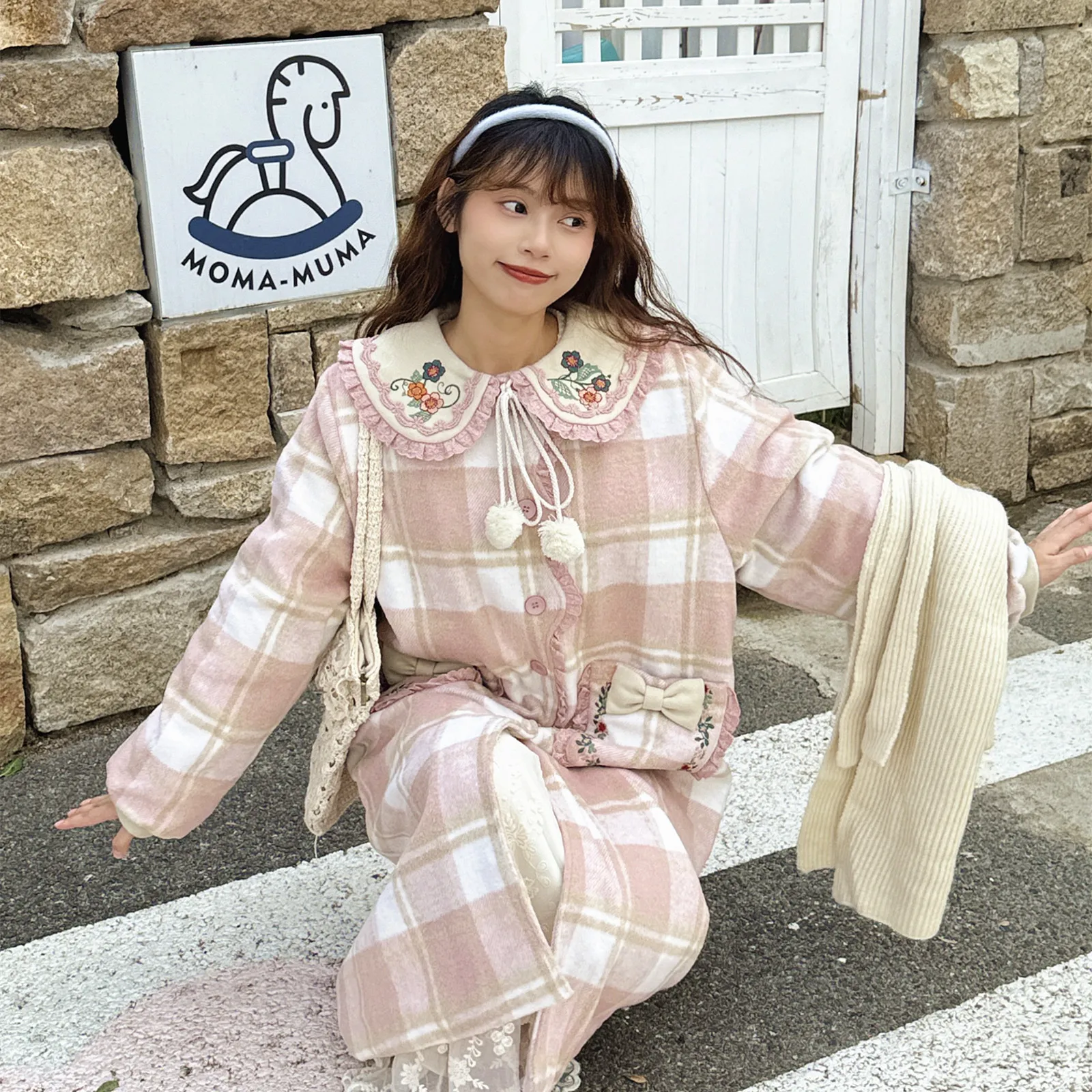 Vintage Embroidery Plaid Woolen Coat Women Autumn Japanese Mori Girls Peter Pan Collar Kawaii Long Jacket Casual Loose Outwear