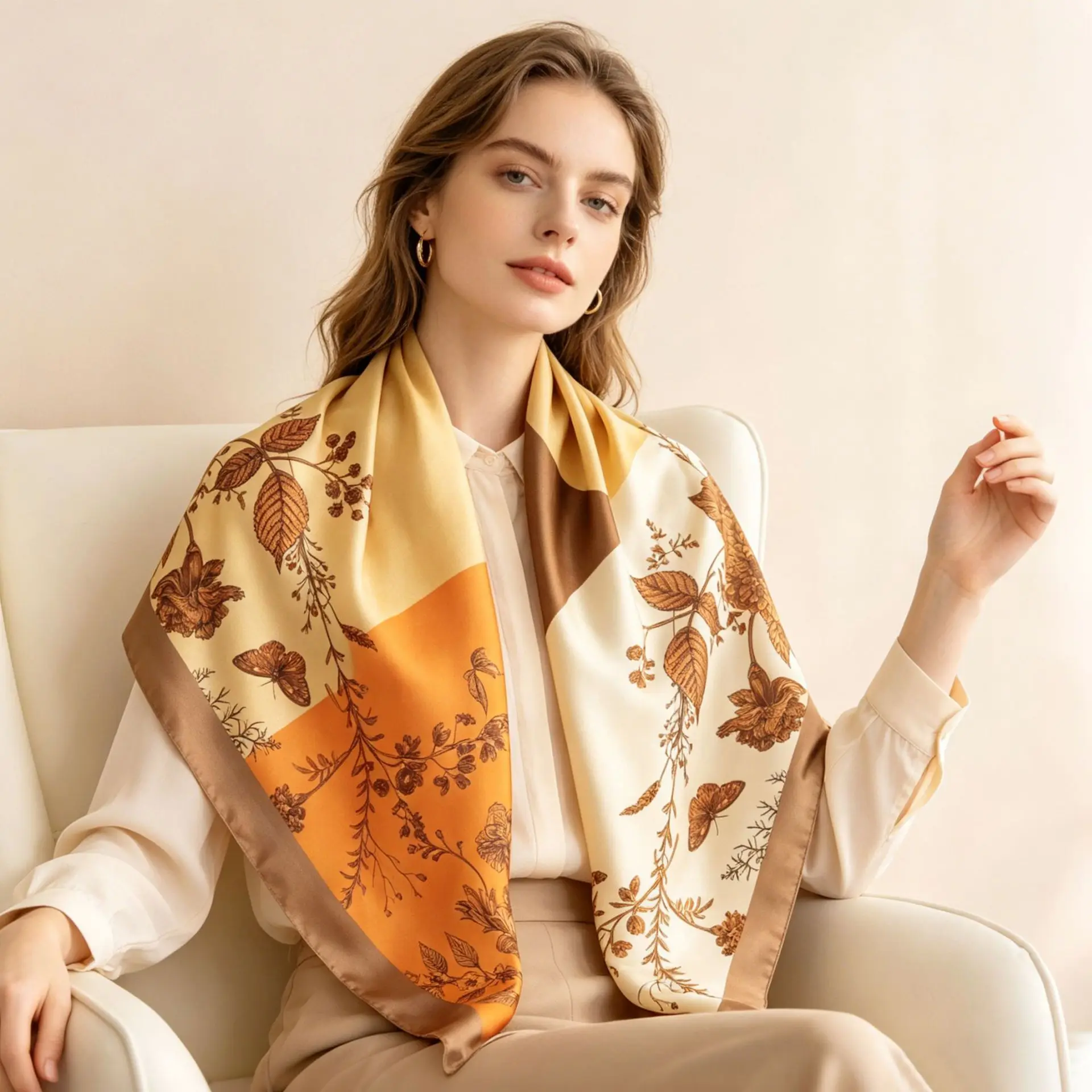 Spring and Summer New Silk Scarf Square Scarf Atmosphere Simulation Silk Fashion Printed Scarf Women's Yellow Bag Scarf