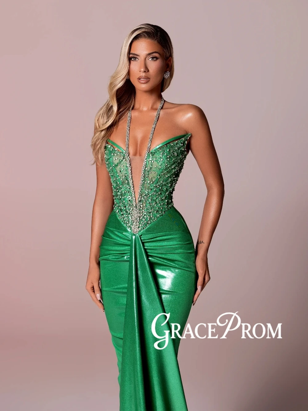 

Emerald Metallic Sexy Figure-hugging Fit Evening Dress Delicate Lace Sequins Pleated Cocktail Gown Modern Halter Banquet Wear