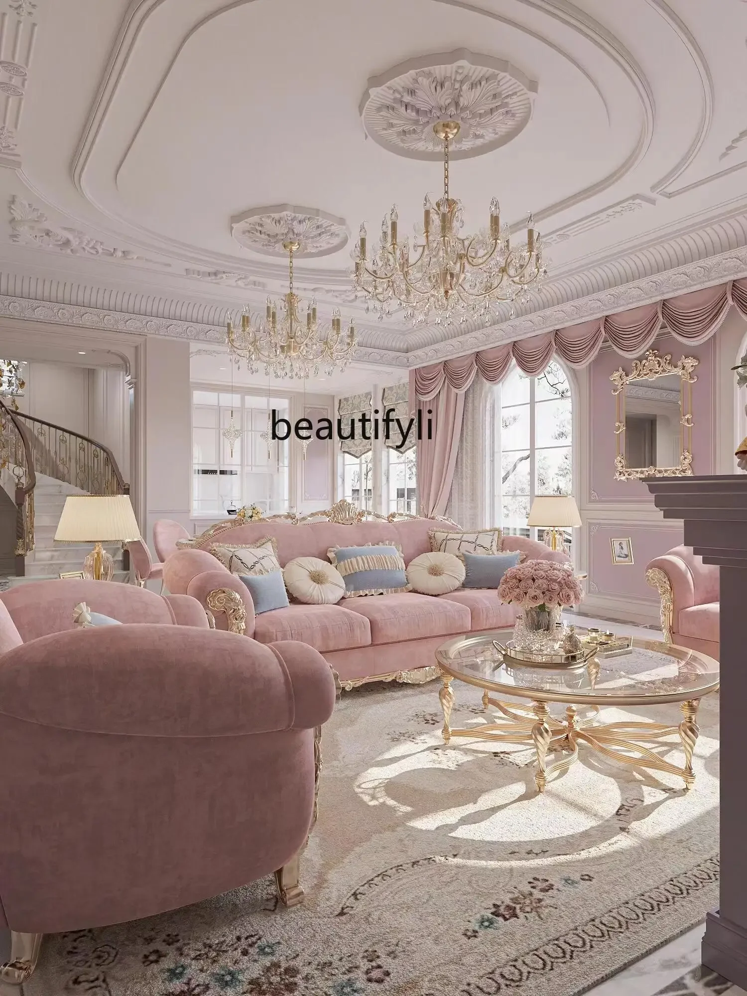 

French Style Light Luxury Solid Wood Carved Fabric Three-Seat Sofa New Classical Court Leather Sofa