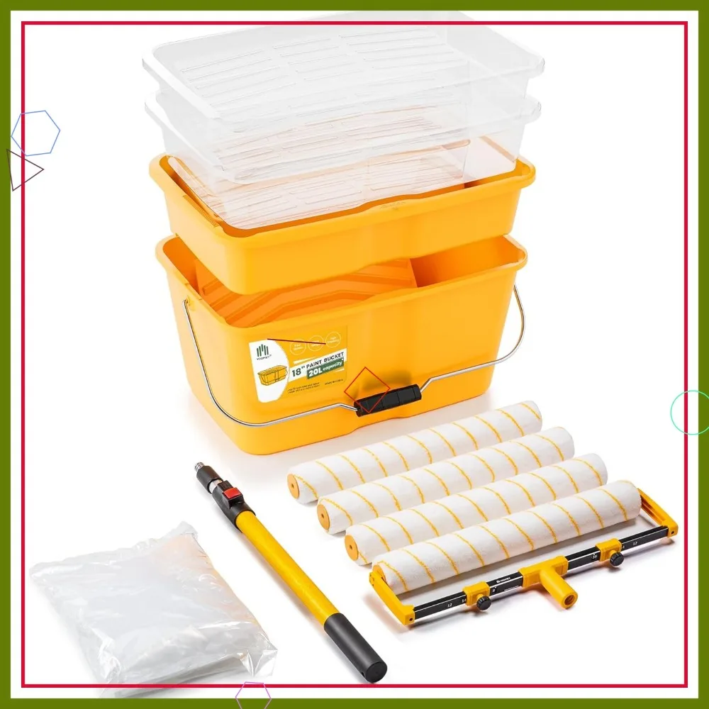 

18 Inch Paint Roller Kit with 3.3ft Extension Pole, Large Paint Bucket and Tray, 13 Pieces for Big Painting Projects
