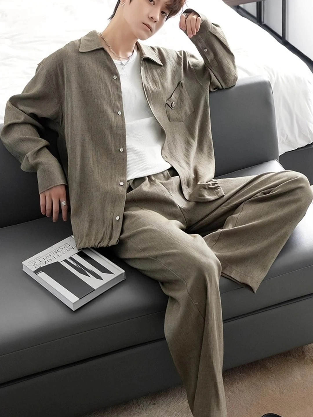 

Linen Cotton irt Jaet Set for Men Large Size Long Sve Casual Sportswear Autumn Season High-End Feel