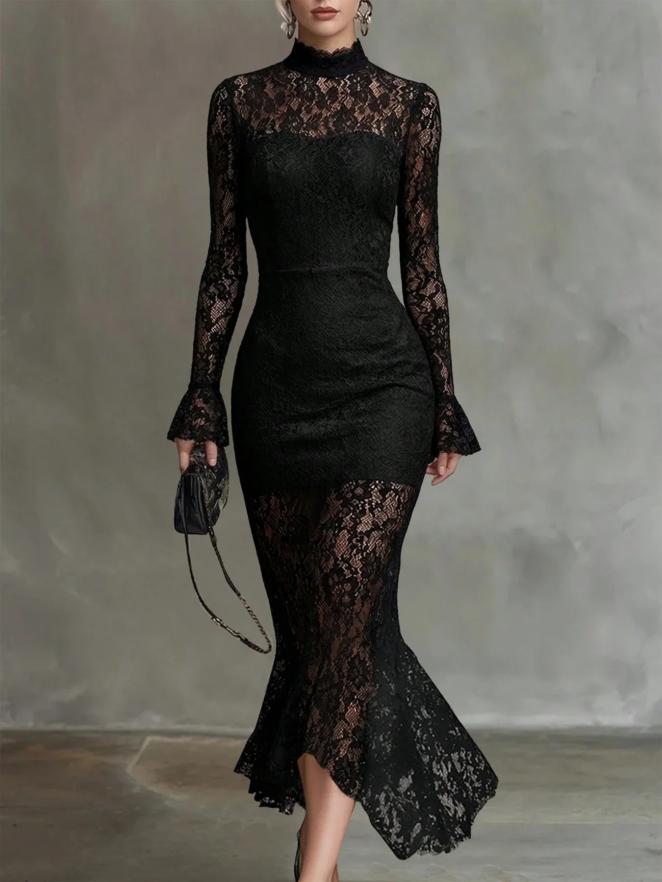 

Черное кружевное платье-русалка с длинными рукавами и высоким воротником для женщин, элегантное и сексуальное