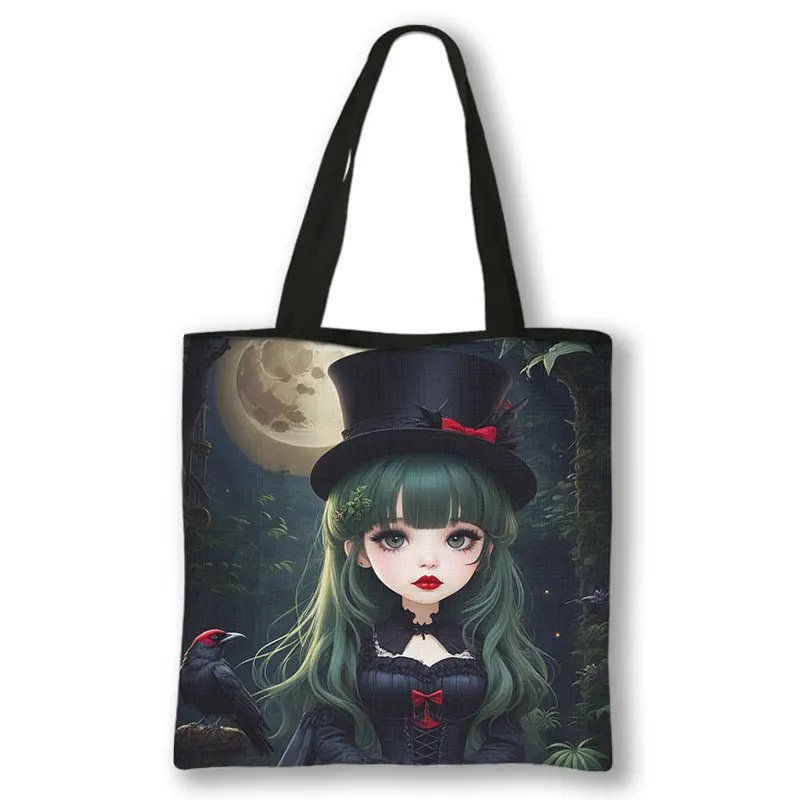 Cartoon Gothic Girls Print Shoulder Bag Women Canvas Totes Bags Bat Vampire Handbag Large Capacity Reusable Gocery Shopper Bags