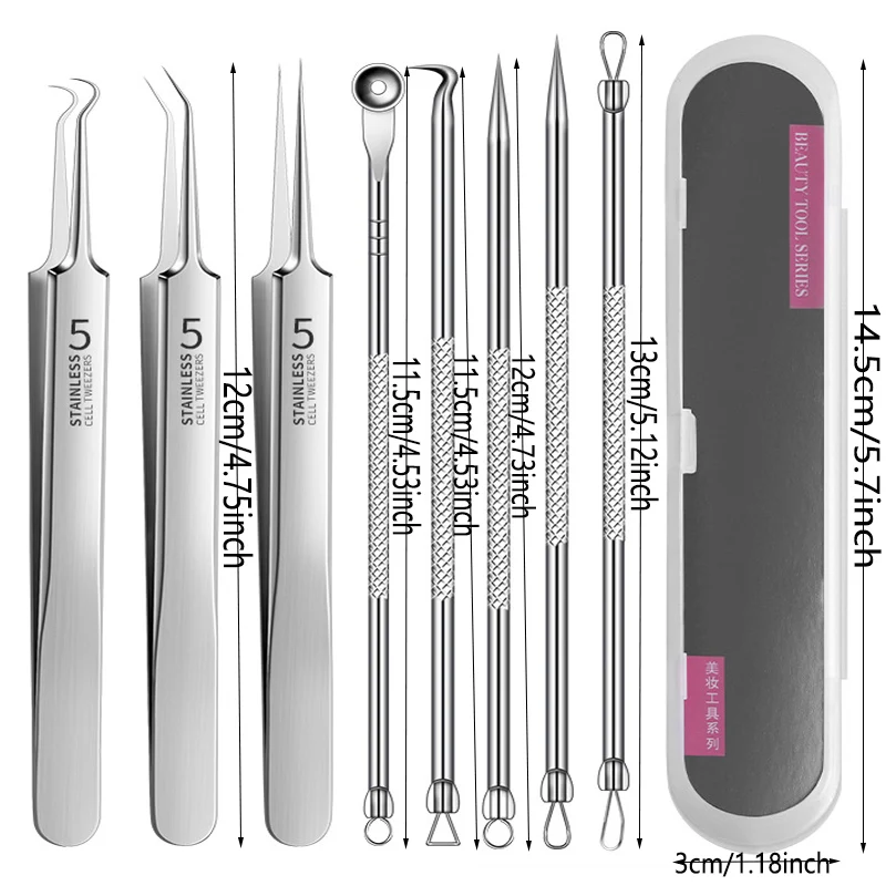 مجموعة مكونة من 8 قطع من ملاقط حب الشباب بمشبك خلية وإبرة حب الشباب لإزالة البثور والرؤوس السوداء - أدوات تجميل احترافية للعناية بالوجه