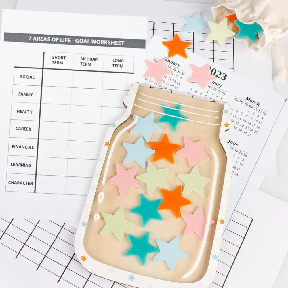 A Wooden Children's Classroom Jar With 25 Colorful Stars, A Behavior Diagram Of The Children's Jar System For Students, Boys, An