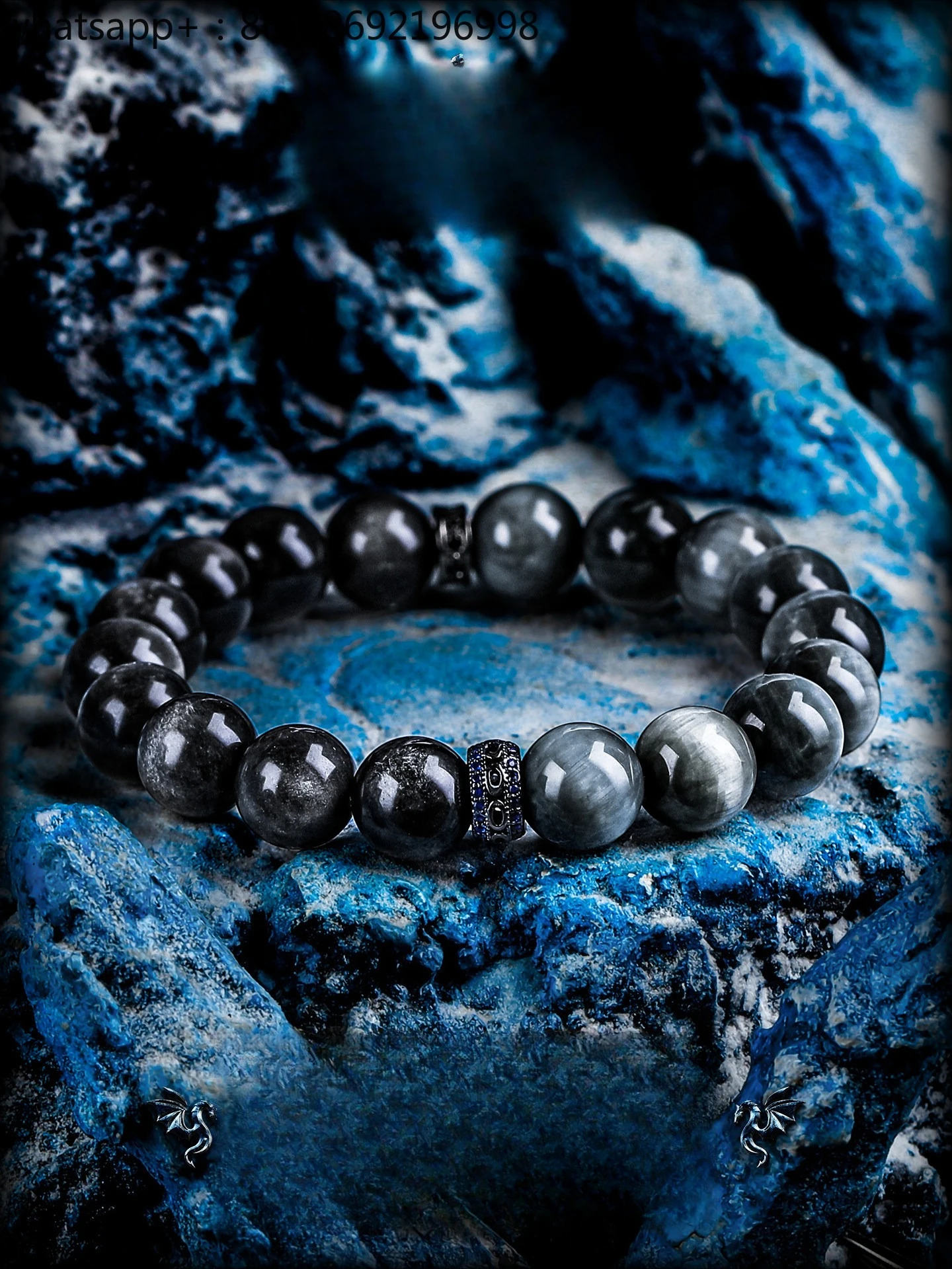 [Ninghui] Silver Obsidian Bracelet Men's Hawkeye Bead Bracelet