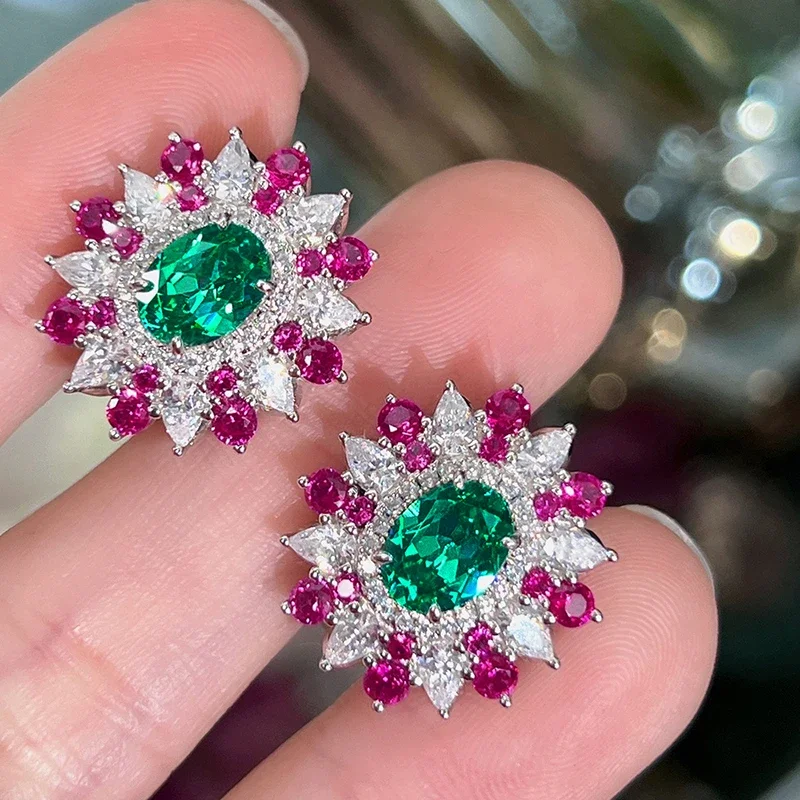 Huitan Bright Rose Rot/Grün CZ Blumen Ohrringe für Frauen Bling Bling Weihnachten Ohrringe Luxus Accessoires Trendy Schmuck Geschenk