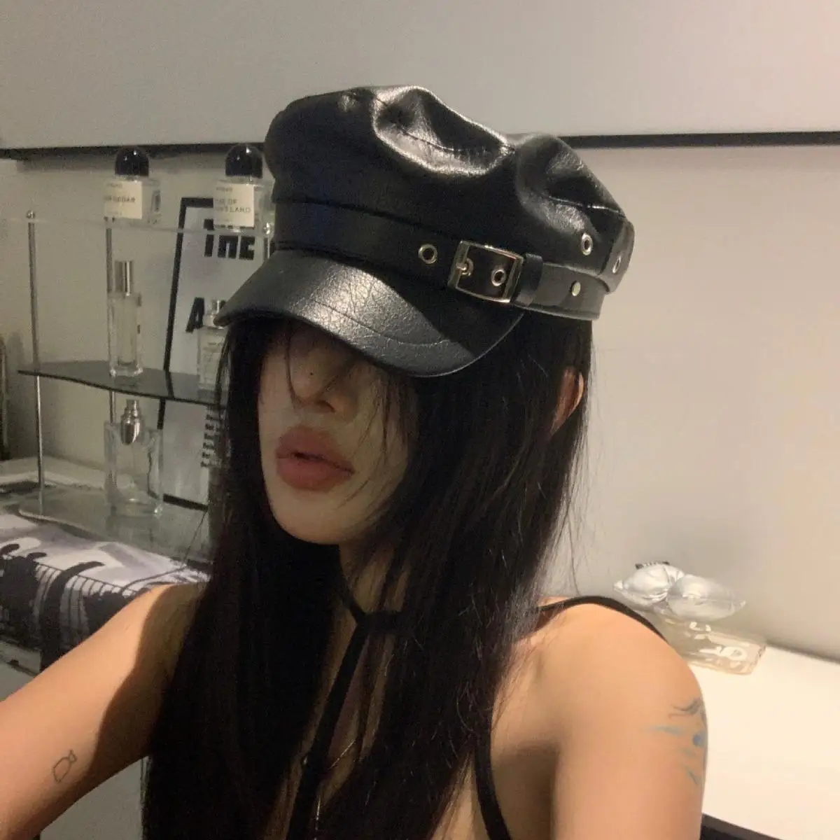 

Fashion Women Berets Black Pu Leather Flat Top Newsboy Caps Vintage Sunscreen England Flat Y2k Gils Punk Style Beret Caps