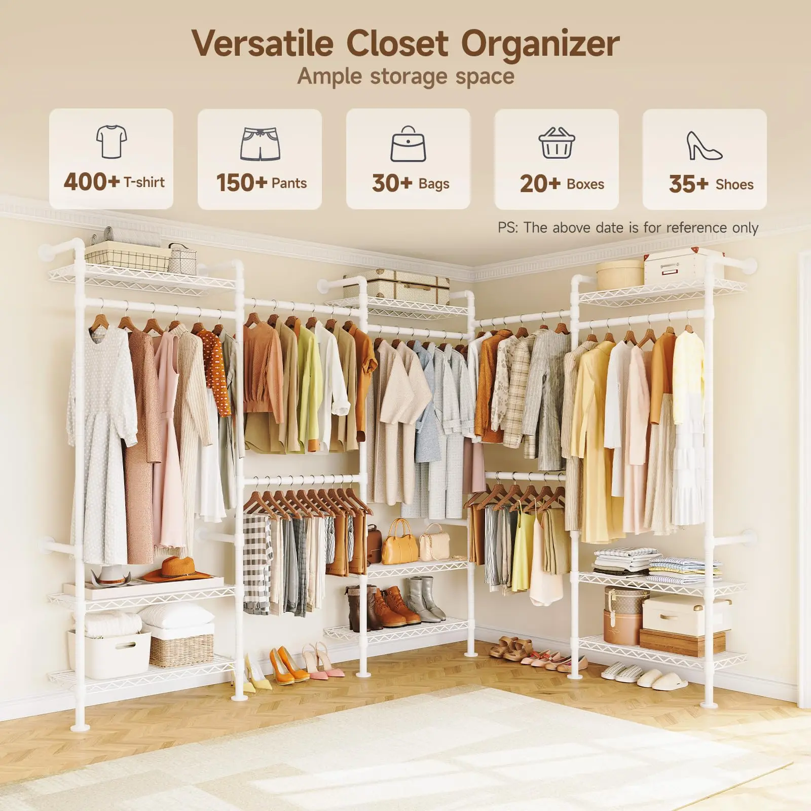 U5 Wall Mounted Closet System, Adjustable Industrial Pipe Clothes Rack Clothing Racks With 4 Telescopic Rods & Fixing Rods & Shelves, Heavy Duty Closet Organizers And Storage For Hanging Clothes White