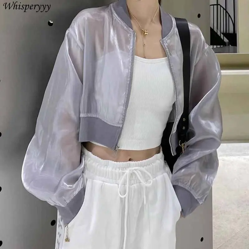 

Summer Thin Cardigan Women Short Coat Breathable Sun-protective Clothing Tops Female Solid Color Zipper Long-sleeved Jacket