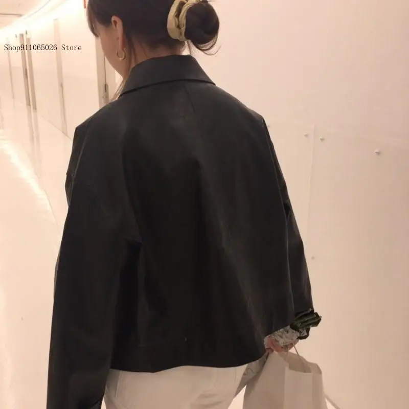Korean Spring and Autumn Retro Cool Handsome Collar Pu Matte Long Sleeve Short Black Leather Jacket for Women