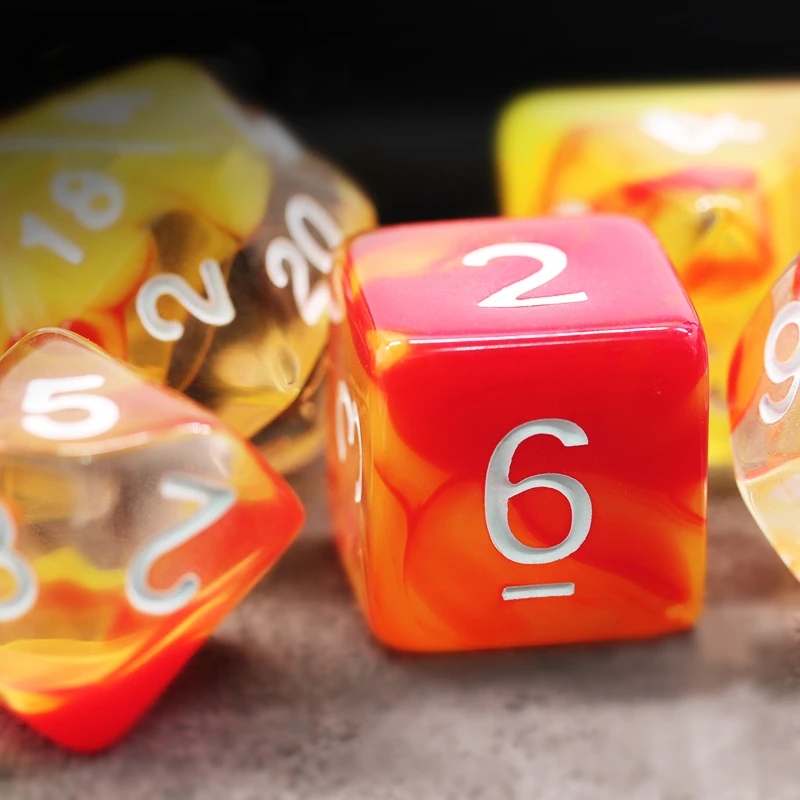 Conjunto de Dados Transparente Laranja e Amarelo, D & D, COC, D4, D6, D8, D10, D12, D20, Jogos de Mesa, DND e RPG, Conjunto de 7Pc