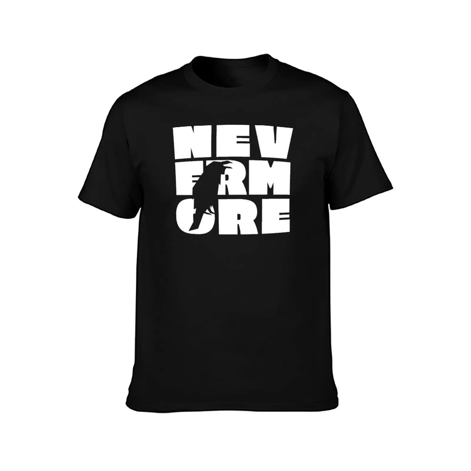 NEVERMORE in large white block letters + raven cut-out - famous Edgar Allan Poe quote T-Shirt Summer Casual Cotton Tee
