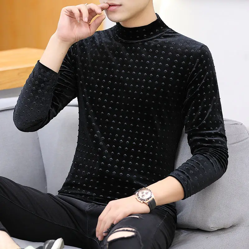 Men\'s Korean Solid Slim Turtleneck Pullovers T-shirt Autumn Winter Male Clothes High Quality Casual All-match Long Sleeve Tops