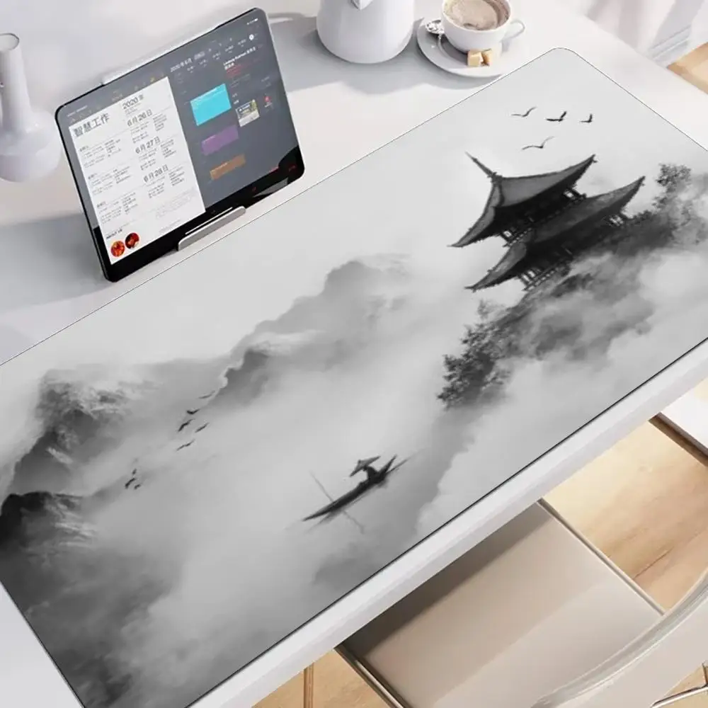 Large XXL Gaming Mouse Pad Desk Mat Keyboard Pad Grey Ink Pagoda Fisherman Boat Misty Mountain Japanese Ink Minimal big Desk Mat