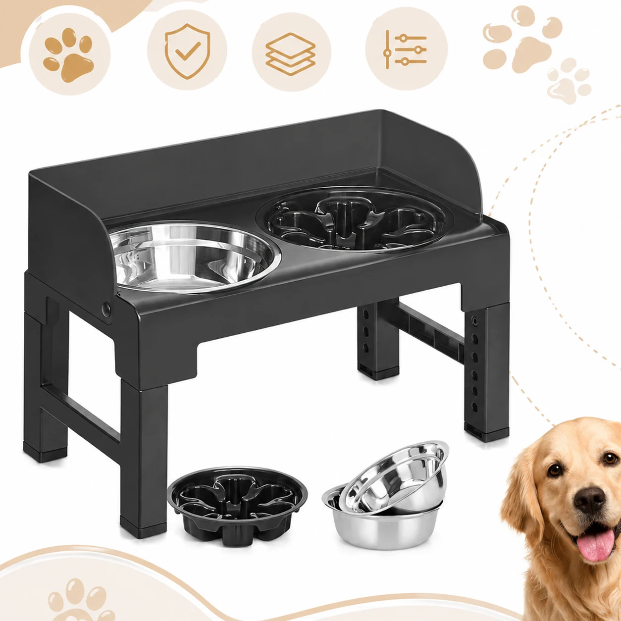 Futterstation mit 5 einstellbaren Höhen für verschiedene Bedürfnisse, 3-in-1 Haustierfutternapf, zwei Schüsseln, ein Hubmechanismus, Anti-Umschlag, Hochhals-Schutz, Slow-Food-Napf, Haustiernapf