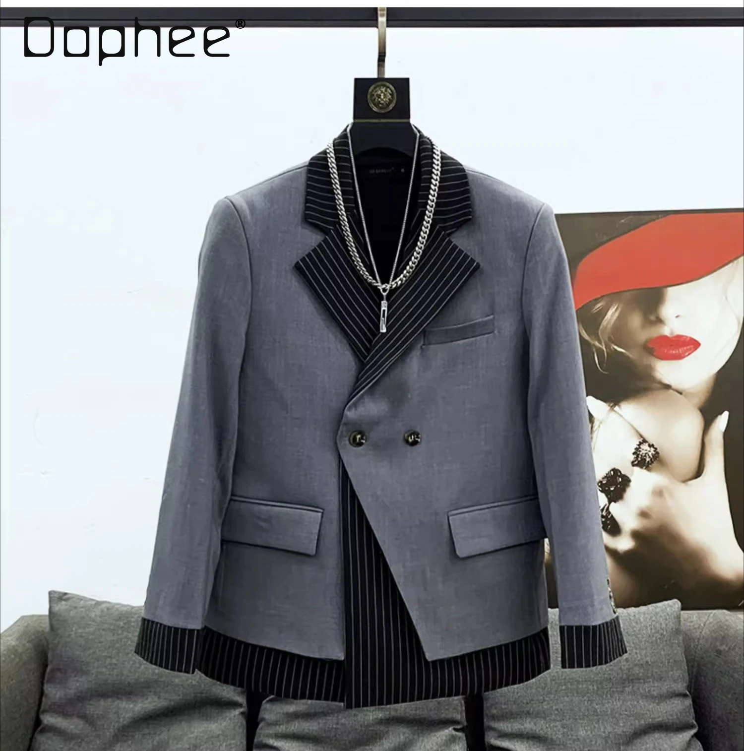 

2025 Korean Style High-End Fashion Striped Patchwork Blazer Jacket Men Cool Handsome Gray Black Casual Slim Fit Suit Set