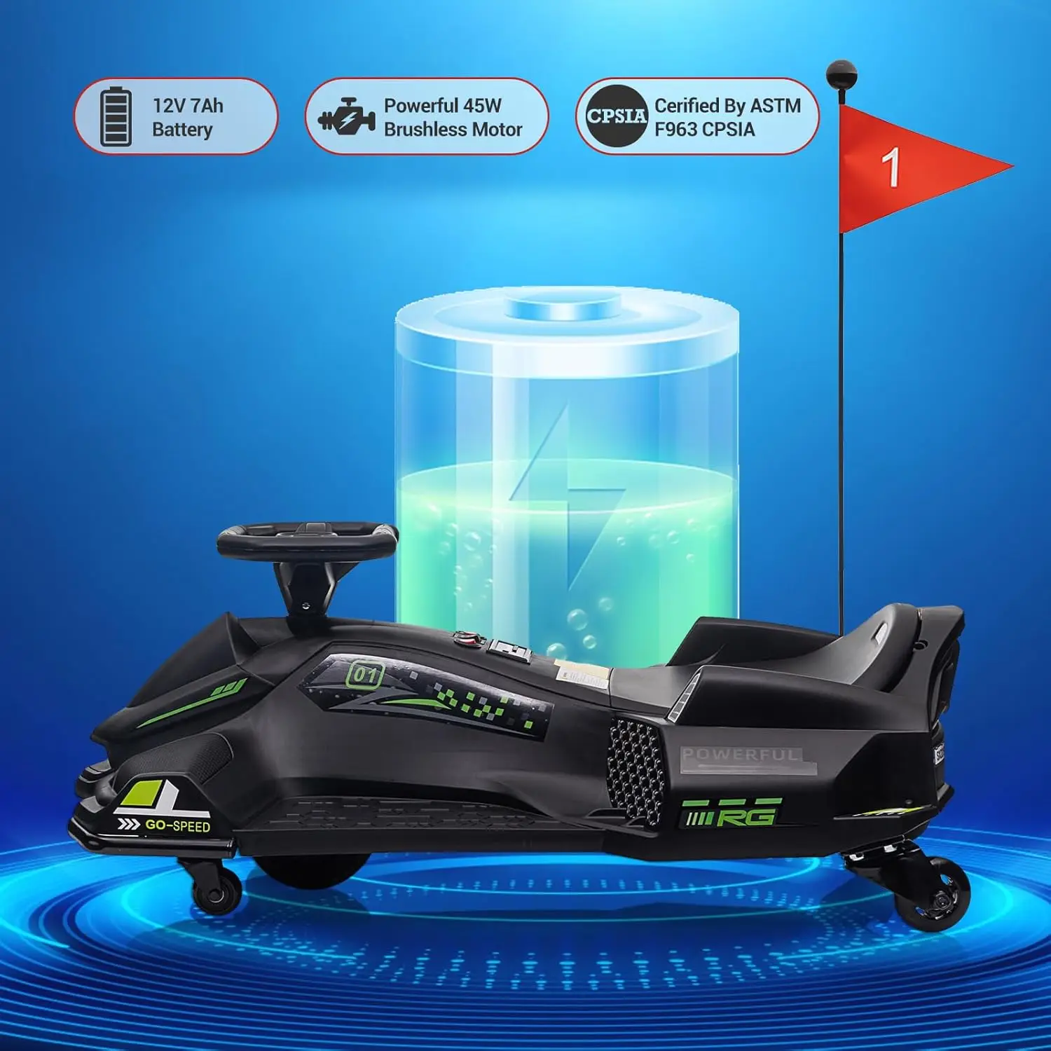 كارت ركوب 12 فولت مع محرك هادئ بدون فرش 45 وات 5 ميل في الساعة، لعبة ركوب الخيل الكهربائية الانجراف كارت الذهاب تعمل بالبطارية في الهواء الطلق للمراهقين