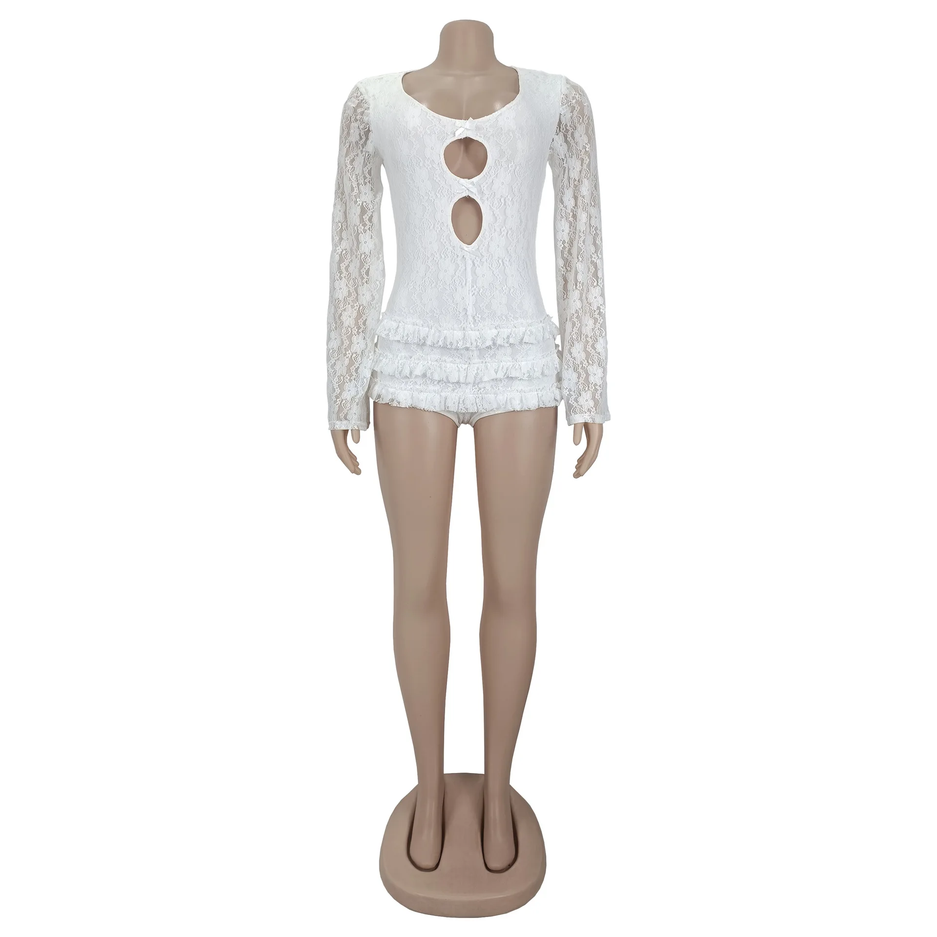 EINY Fashion Lace Backless Bodycon Bodysuits Women Hollow Out Long Sleeve Bow Ruffle Rompers Sexy See Though One Piece Clubwear