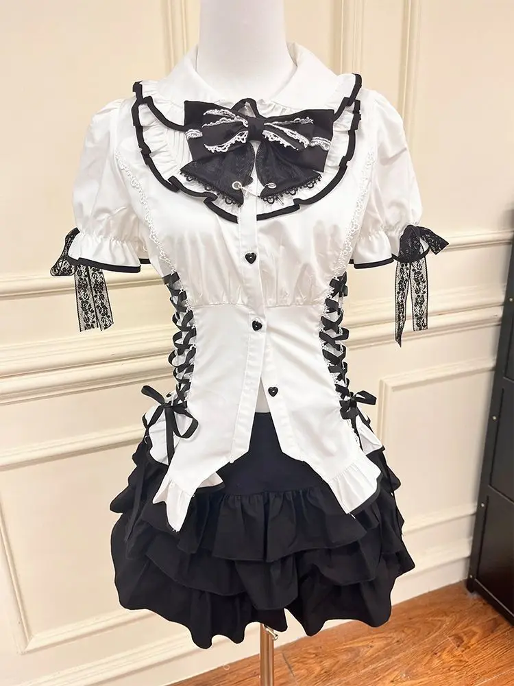 

2025 Summer Gothic Bow Slim 2-piece Set Women's Fashion France Palace Style Puff Sleeve Tops + New High-waist Short Skirt Suit