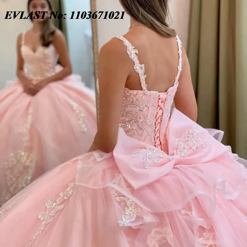 Evlast personalizado rosa quinceanera vestido de baile floral applique frisado arco méxico espartilho doce 16 vestidos de 15 anos sq566