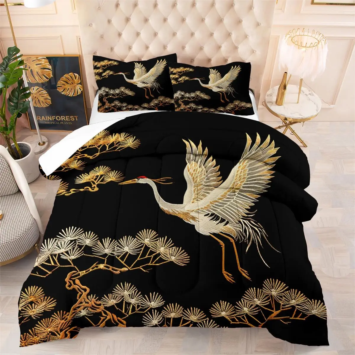 Duvets Cover Queen Size Black Gold Pine and Crane Bedding Set 3D Vintage Chinoiserie Printing Bedding White Golden Bird Tree