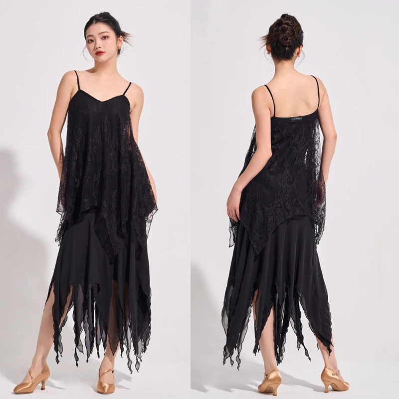New Latin Ballroom Dance Clothes Women Black Tops Irregular Mesh Skirt Waltz Dancing Performance Costume Practice Wear  DNV24518