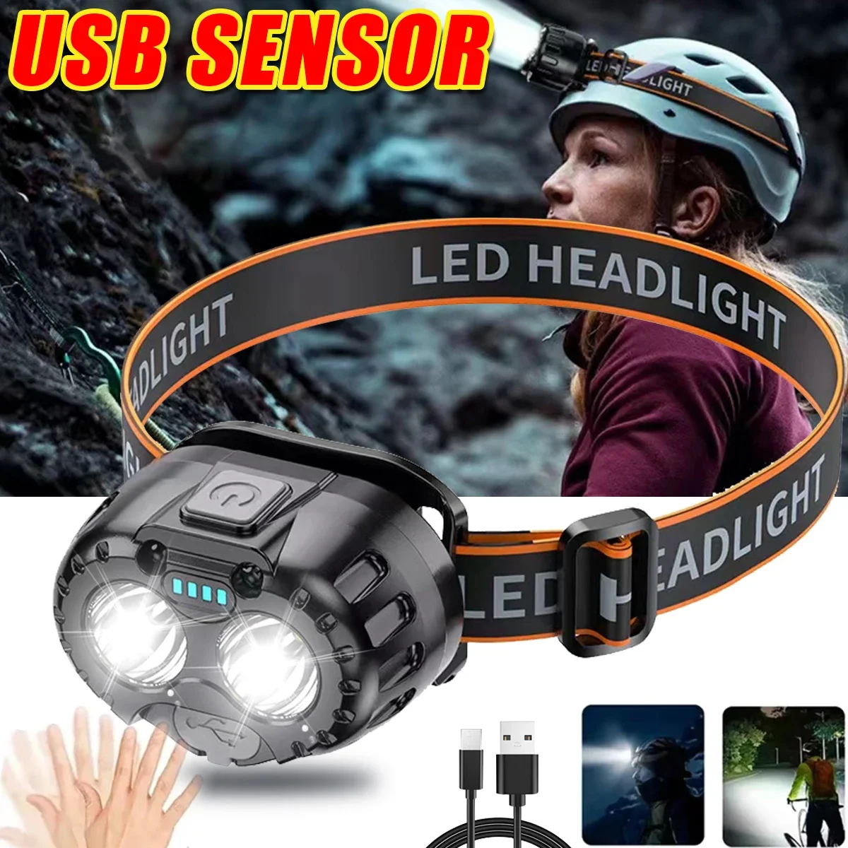 

Powerful LED Sensor Headlamp Bright Fishing Headlight USB Rechargeable Head Lamp with Battery Emergency Camping Head Flashlight