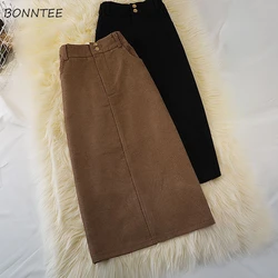 Midi Skirts Women Vintage Corduroy Autumn Minimalist All-match Elegant High Waist Office Ladies Casual A-line Fashion Pure Color