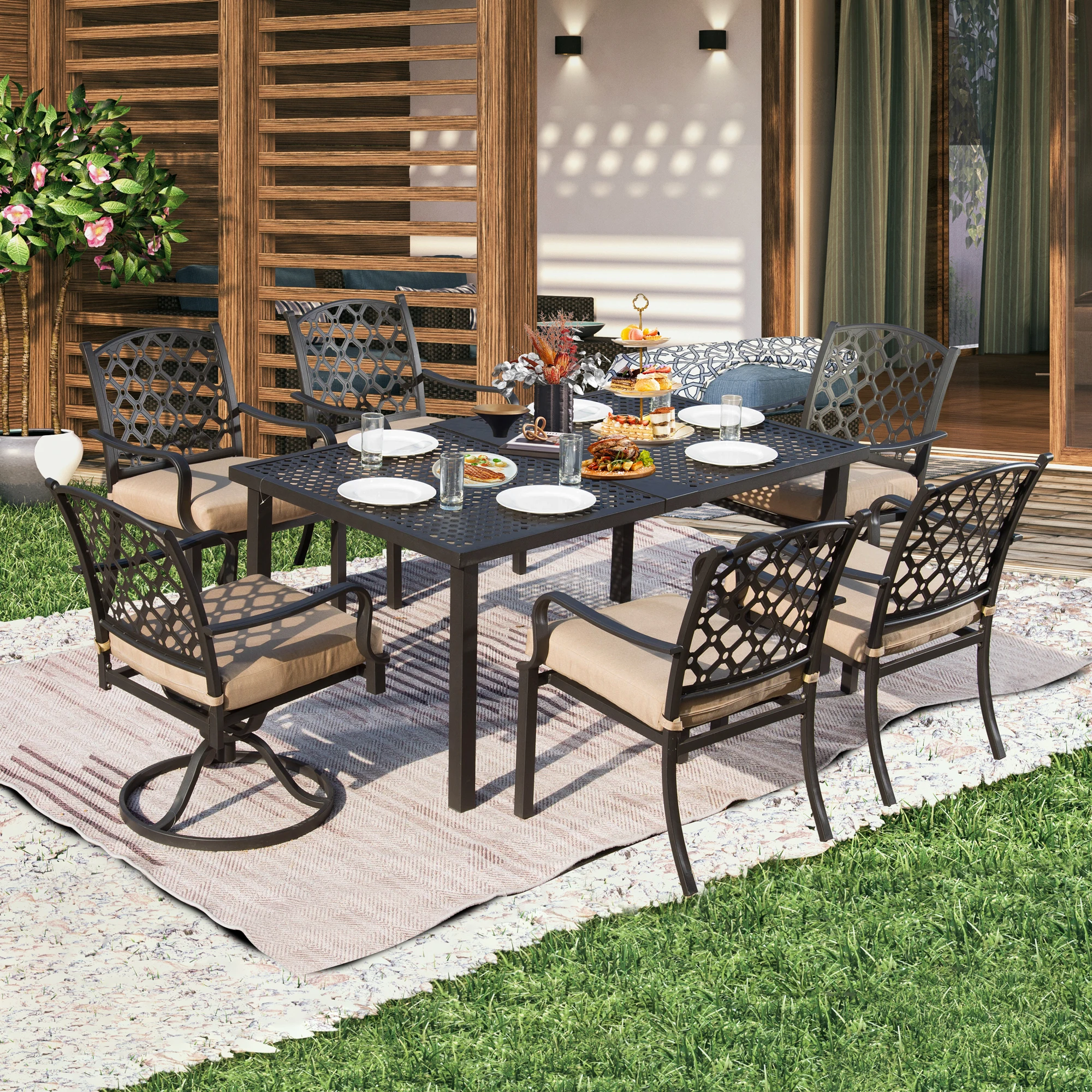 ！@High Quality Outdoor Dining Set Patio Extendable Table With Swivel Chairs Rattan Iron Materials for Courtyard Garden Hotels