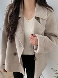 Manteau en fausse laine pour femme, veste à revers, mode coréenne féminine, double boutonnage, décontracté, chic, automne, hiver