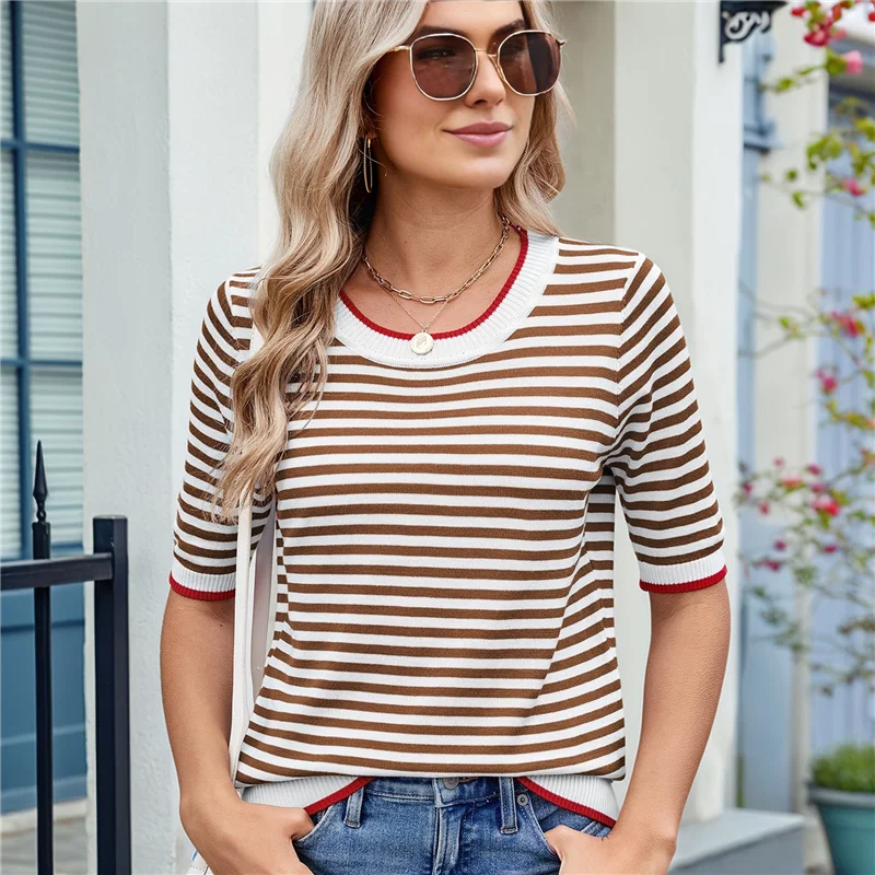 

ABRT-Womens Summer Short Sleeve Shirts Striped Sweater Cute Casual Top Trendy Women Clothing Crewneck Knit Blouses