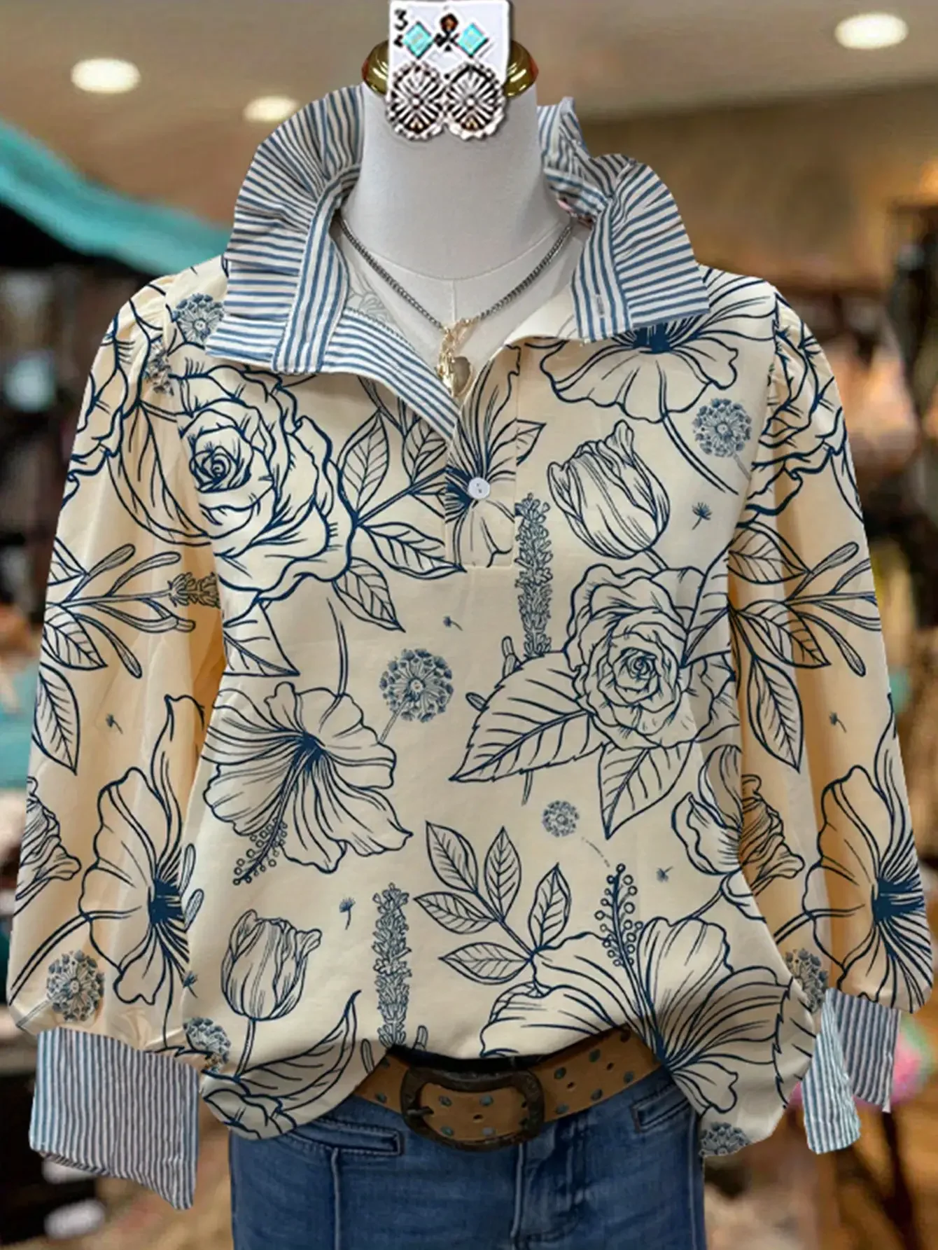 Women's Spring and Autumn Winter Collection Women's Stand up Collar Shirt Long Sleeve, Vintage Printed Holiday Travel Essential,