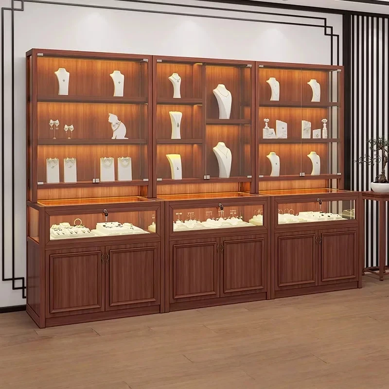 custom.Luxury Multi-Tiered Wood Jewelry Display Stand with LED Lighting Glass Back & Durable Design Retail Use