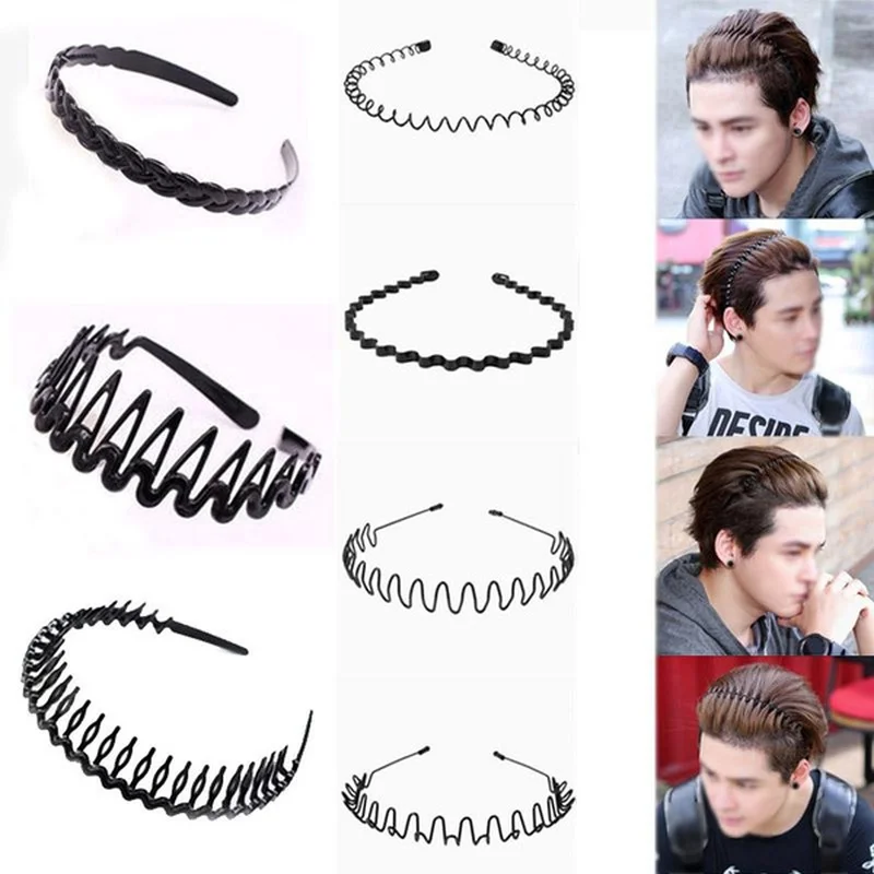 HOT Men Women Hair Hoop Metal Headband Sport Running Gym Wave Hair Head Band Metal High Elastic Black Hairband Hair Accessories