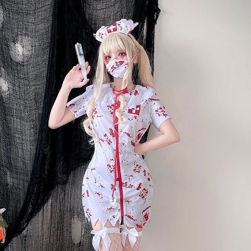 Disfraz Sexy de Halloween para adultos y niñas, vestido de enfermera María, vestido de enfermera de Doctor zombi sangriento de terror, vestido de actuación en escenario para mujer
