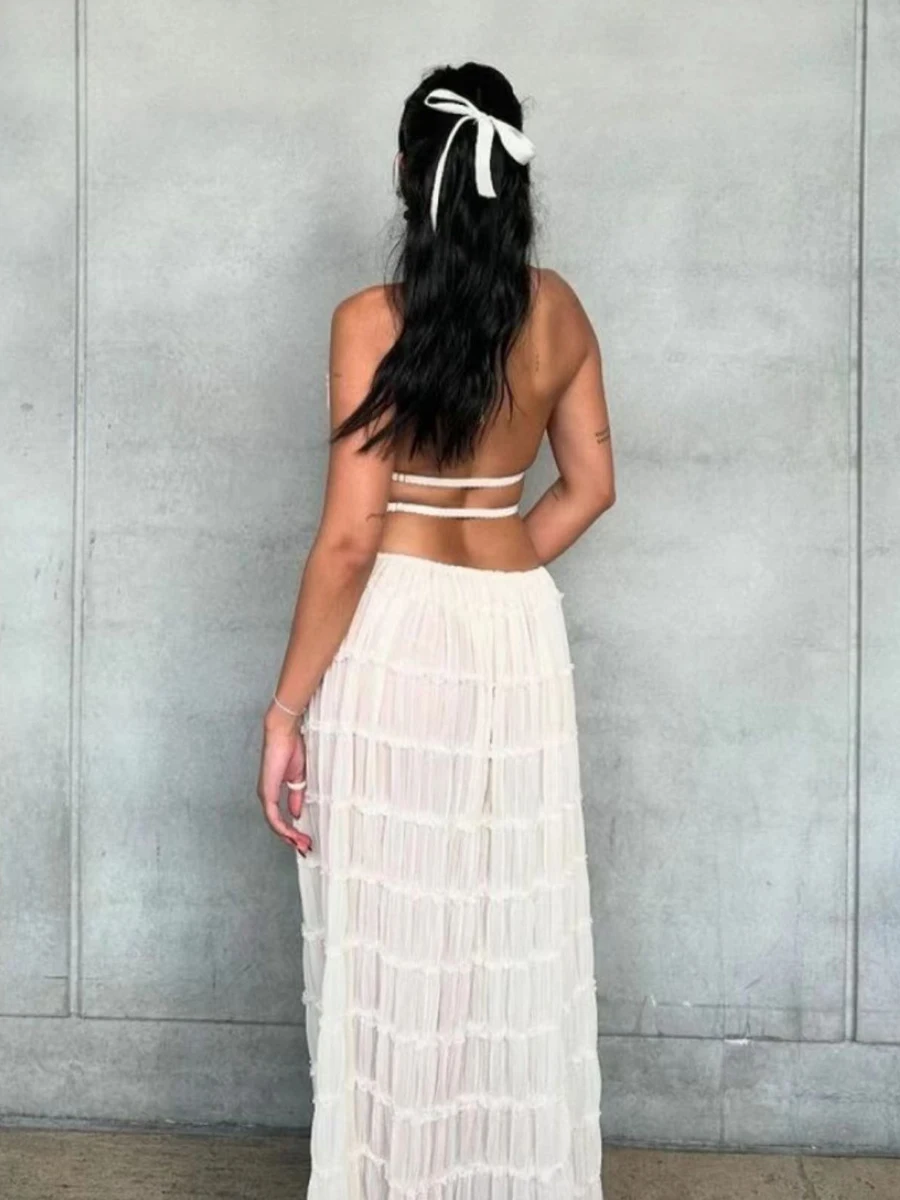 Conjunto de dos piezas de moda para mujer, Top sin mangas con cuello Halter y espalda descubierta, conjunto de falda larga lisa, Falda larga plisada para mujer, traje de vacaciones