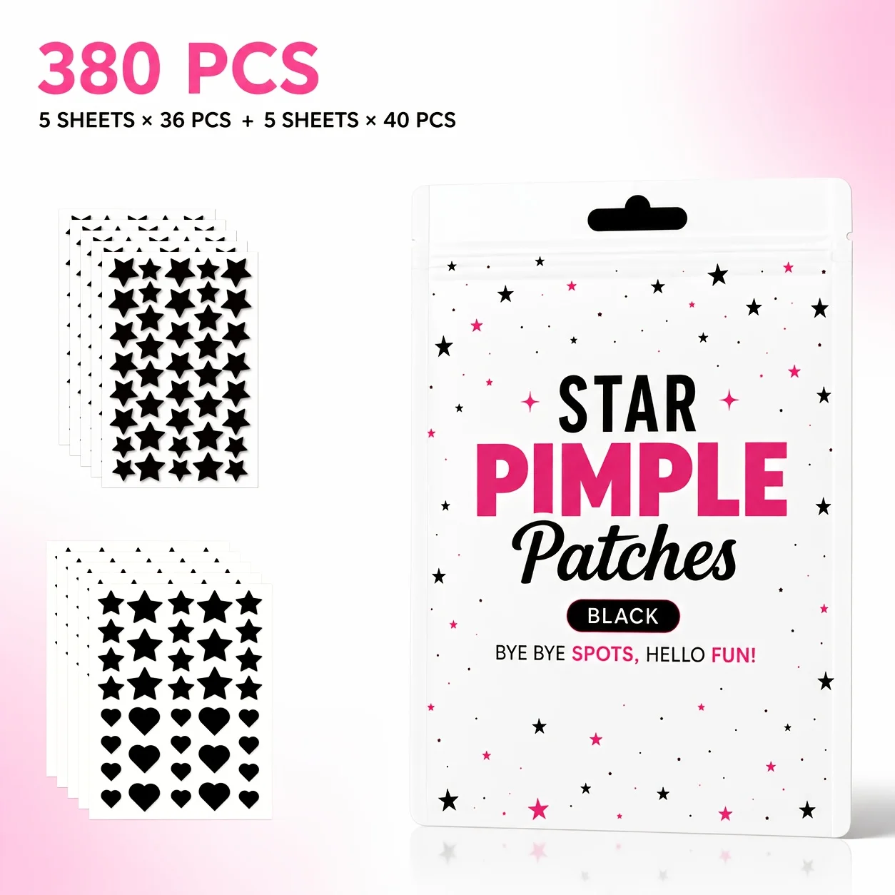 380PCS Black Star & Heart Face Stickers, Transparent Cute Pimple Patches, 2 Sizes 2 Shapes Decorative Facial Patches
