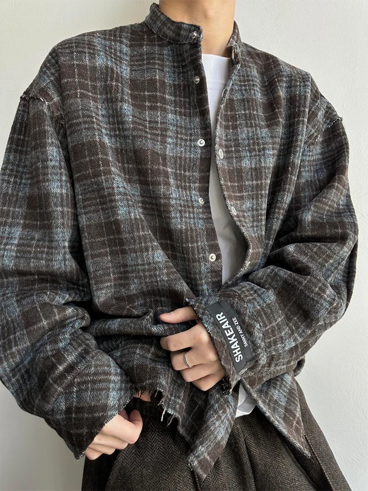 

Retro American Blue Brown Plaid Men's Shirt Spring Autumn Lazy Style Woolen Coat Long Sleeve Youth Fashion Wear Resistant