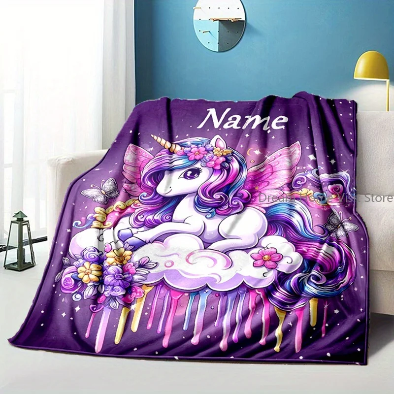 

Custom Name Printed Unicorn Flannel Blanket Personalized Soft Warm Blanket for Bed Sofa Bedspread Picnic Blanket Christmas Gifts