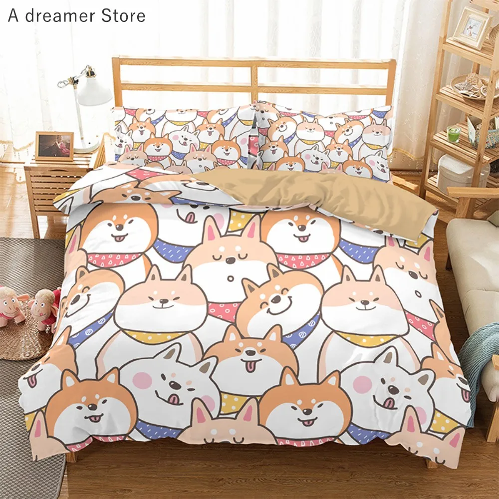 Shiba Inu Duvet Cover Set Cartoon Dog Bedding Set for Kids Pet Dogs Printed Bedclothes Puppy Luxury Home Textile Custom