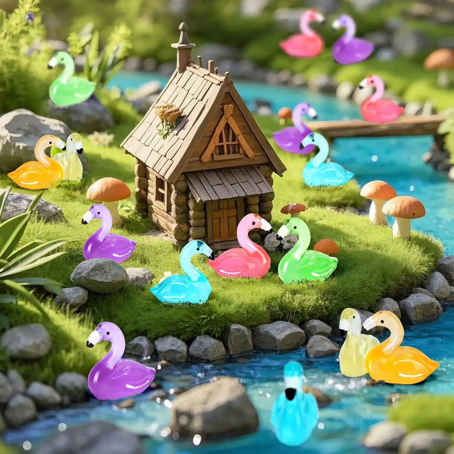 16Pcs Glow In The Dark Resin Flamingo & Duck Figurines, 8 Colors Luminous Mini Tiny Animal Figures for Fairy Garden, Dollhouse,