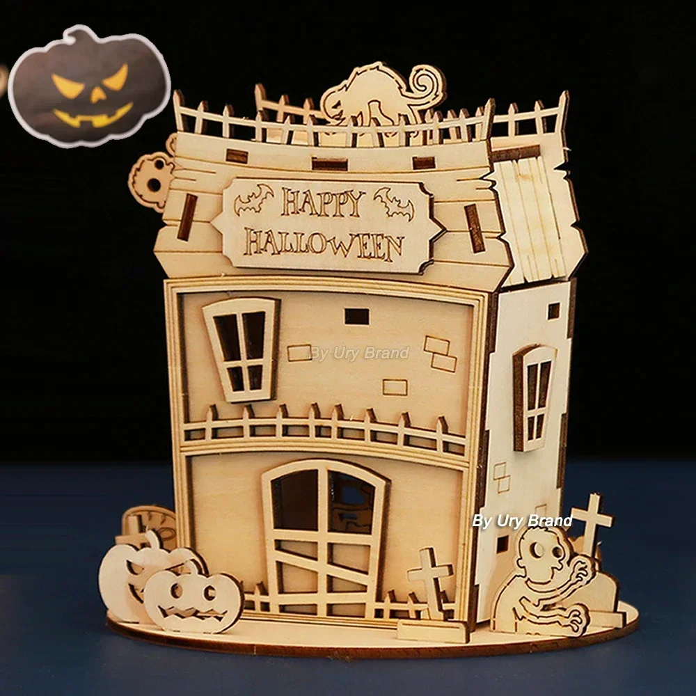 URY New 3D Wooden Puzzle Halloween Holiday Gift Ghost Tree House DIY Model Assembly Craft Kits Desk Decoration For Kids