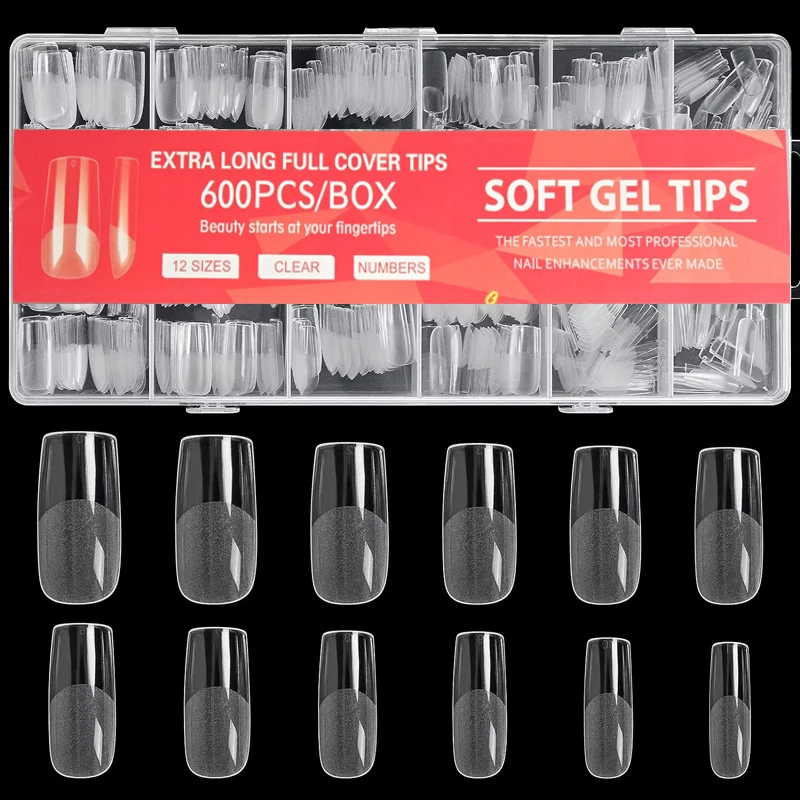 

600 шт. Квадратные типсы для ногтей Искусственные кончики для ногтей с полным покрытием Мягкие прозрачные гелевые типсы 12 размеров Акриловый квадратный пресс для ногтей