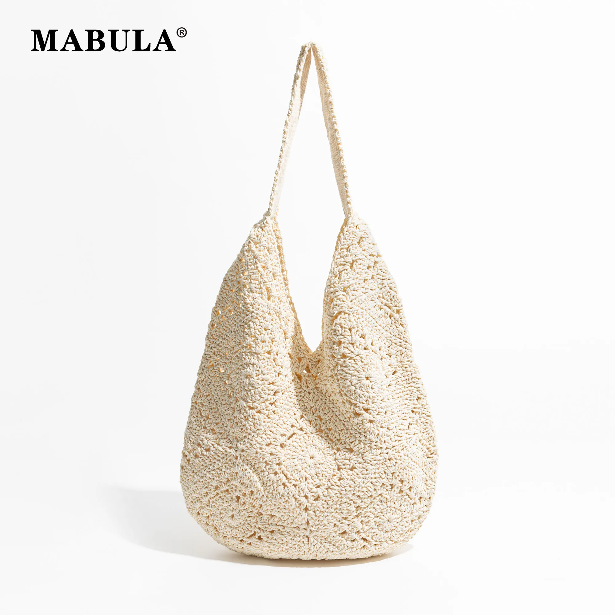 

MABULA Beige Ladies Summer Hobo Bag for Beach Handweave Solid Color Straw Purse Bohemian Designer Brand Big Shoulder Handbag